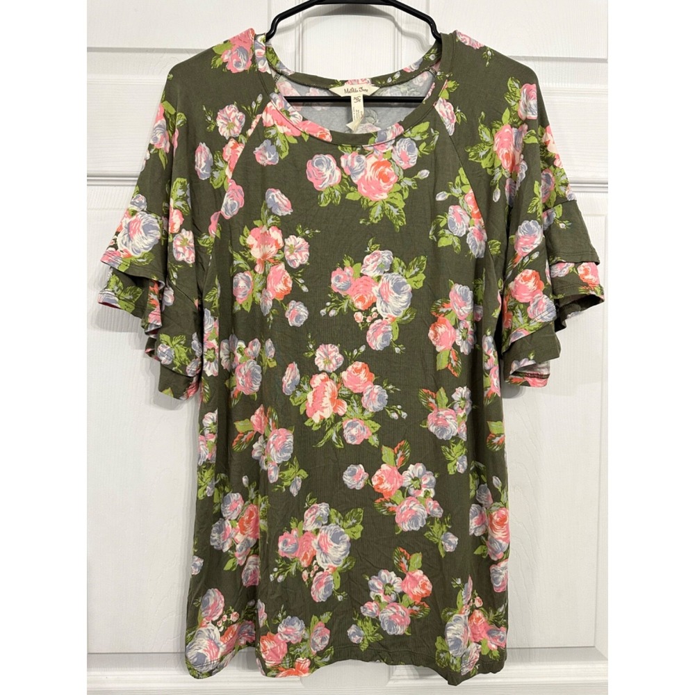 Matilda Jane Women's Size M Green and Pink Floral Ruffled Sleeve Knit Top